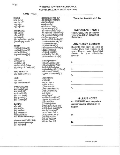 HS Course Selection for 8th Graders Attending Winslow Twp High School